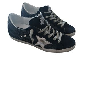 Golden Goose Superstar Distressed Suede, Leather and Glittered Lace Sneaker 8W